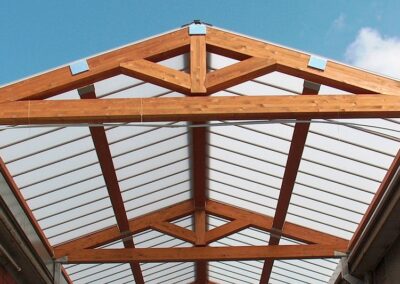 Sun Modul modular system translucent duo pitch roof on glulam structure